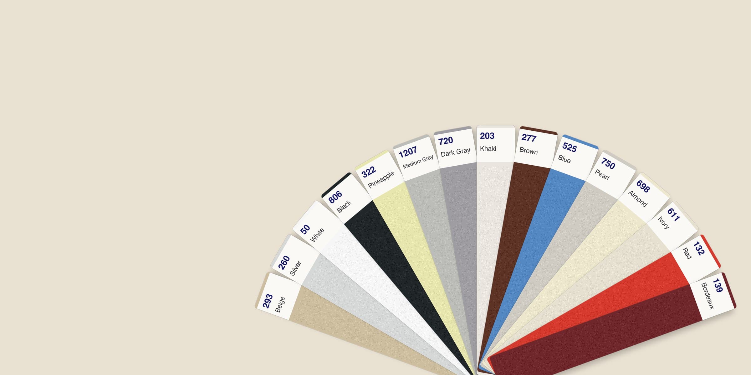 A fan deck of the fifteen FRP colors, each strip labeled with its color number and name, from 293 Beige to 139 Bordeaux.