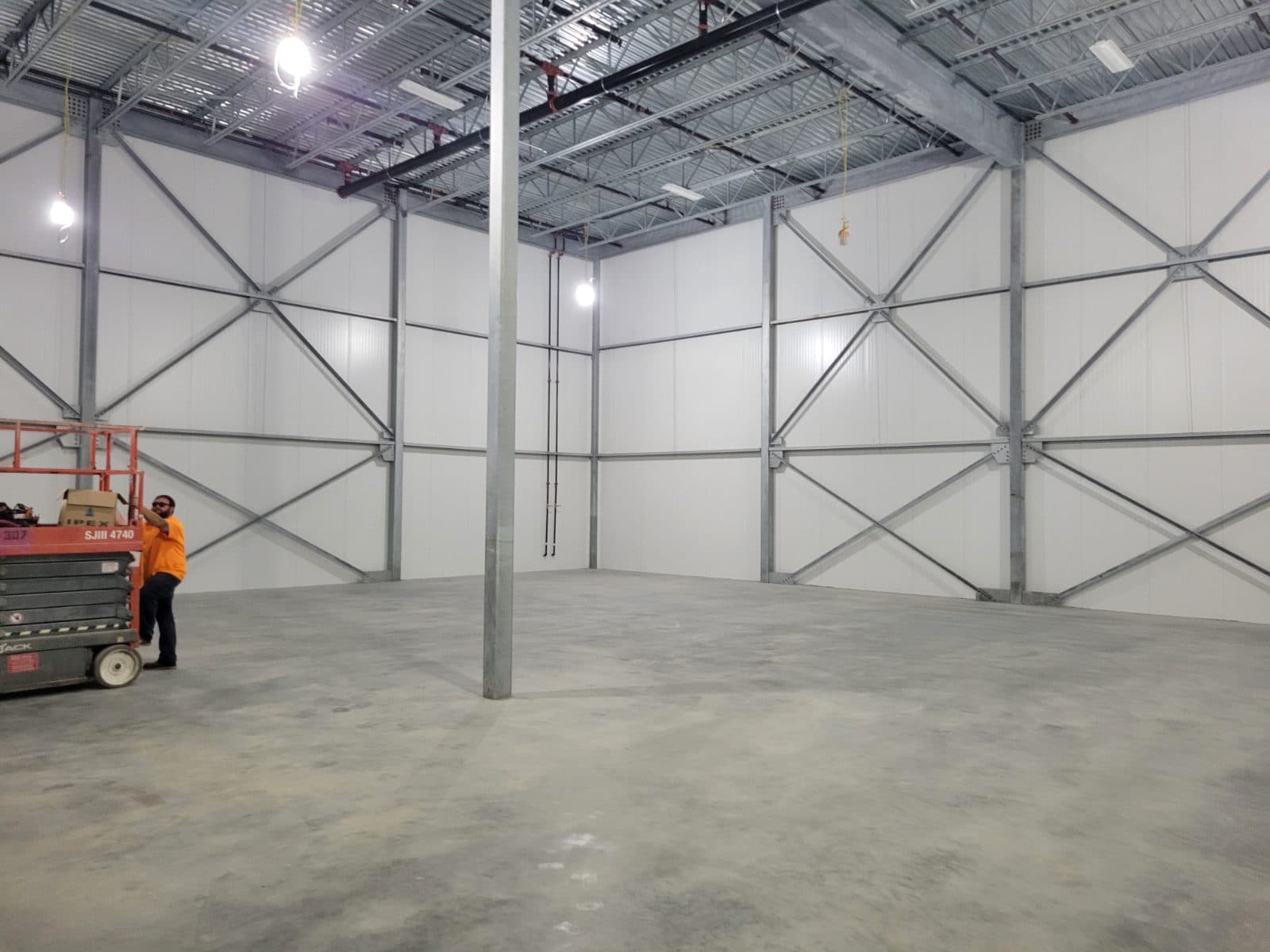 Large freezer interior: insulated metal panel walls inside a steel frame, a lift at the far wall.