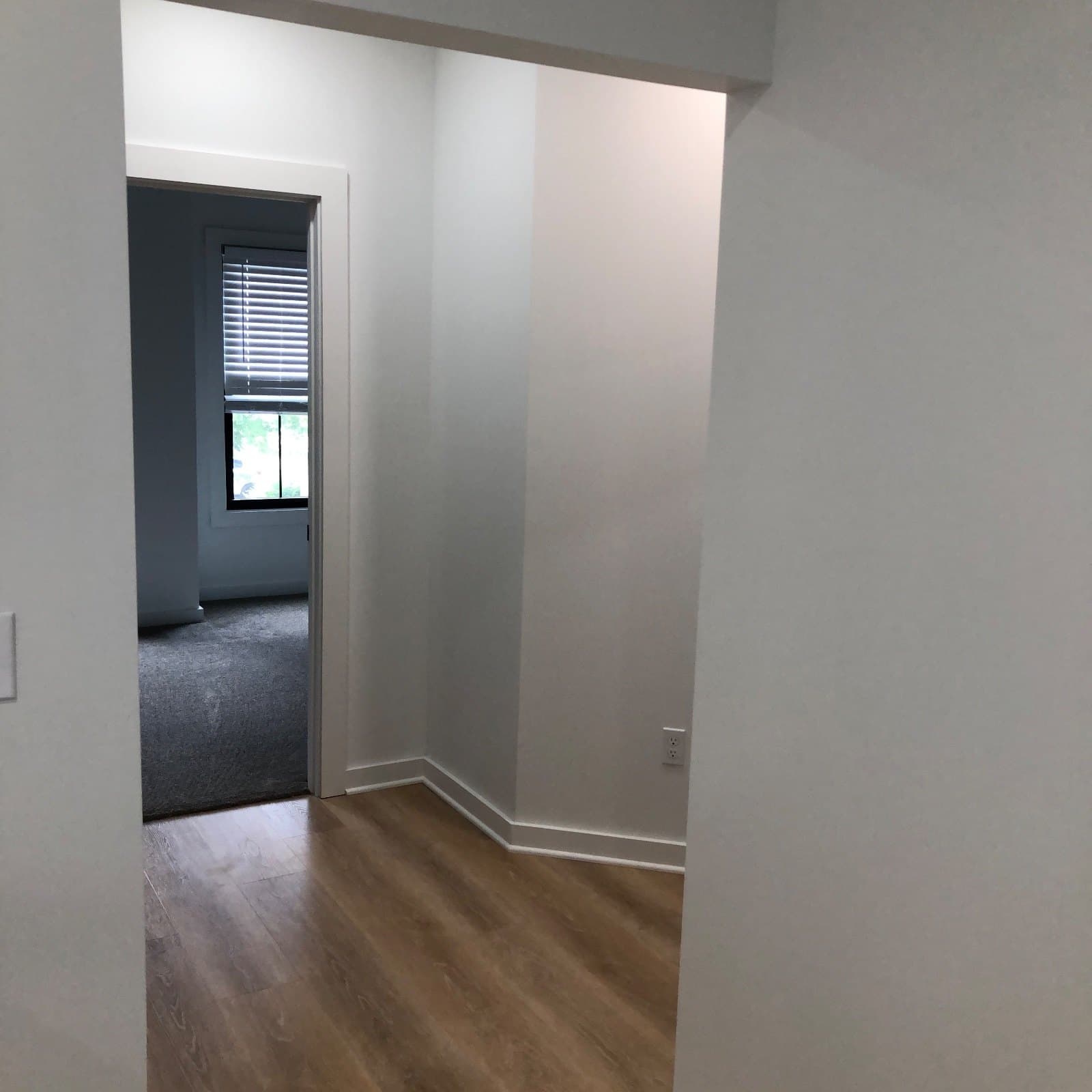 Vinyl plank at a hall doorway, a further room and a window visible through the opening.