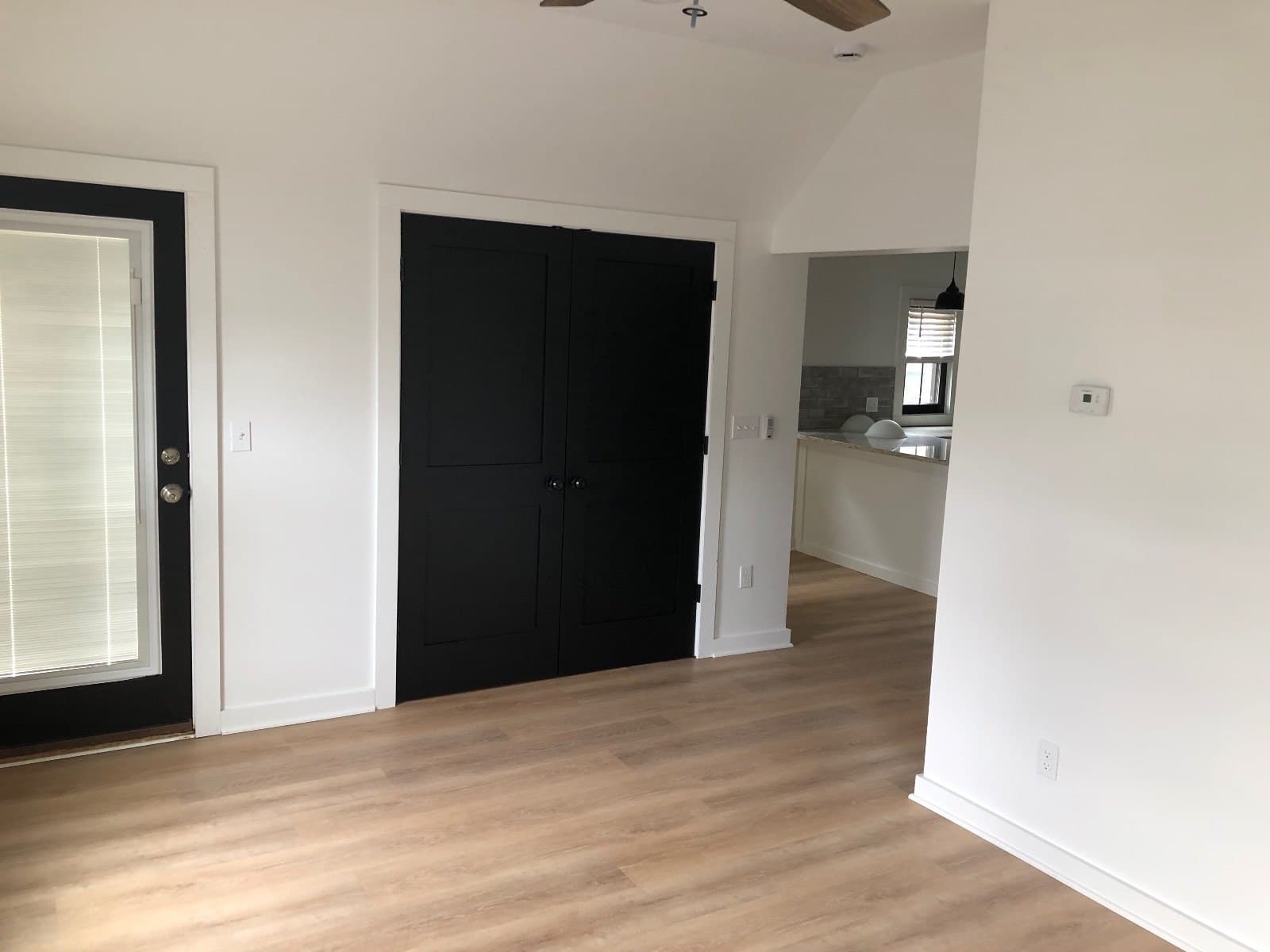 Vinyl plank running past a black double door and a glazed exterior door toward a kitchen.