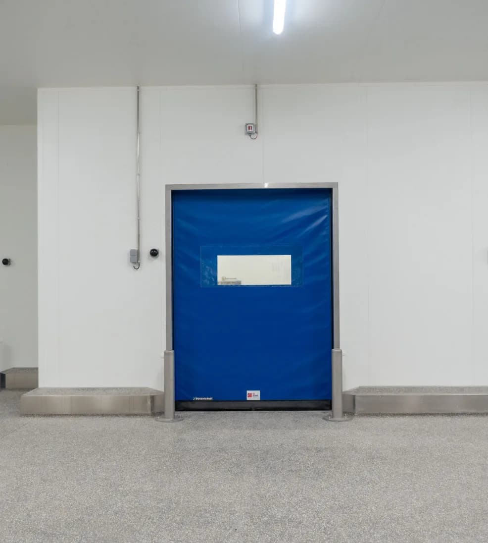 Dynadry rapid door with a blue curtain and stainless side columns in a food plant
