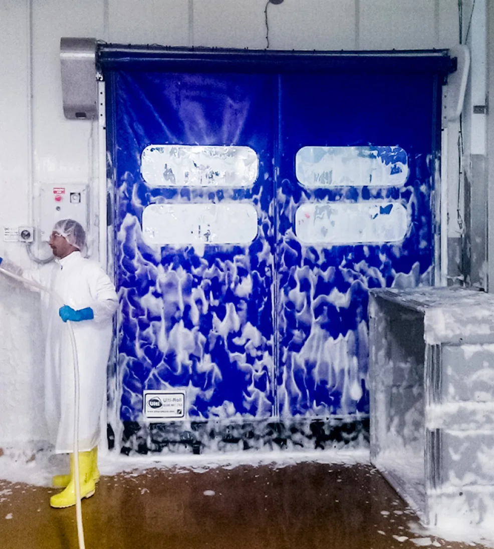 DynamicRoll Food PE door being washed down with foam by a worker in protective clothing