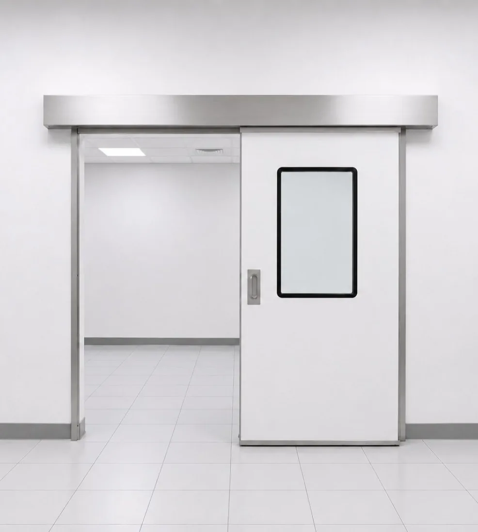 Rendering of a white Jamoclean sliding cleanroom door with a vision panel and stainless header