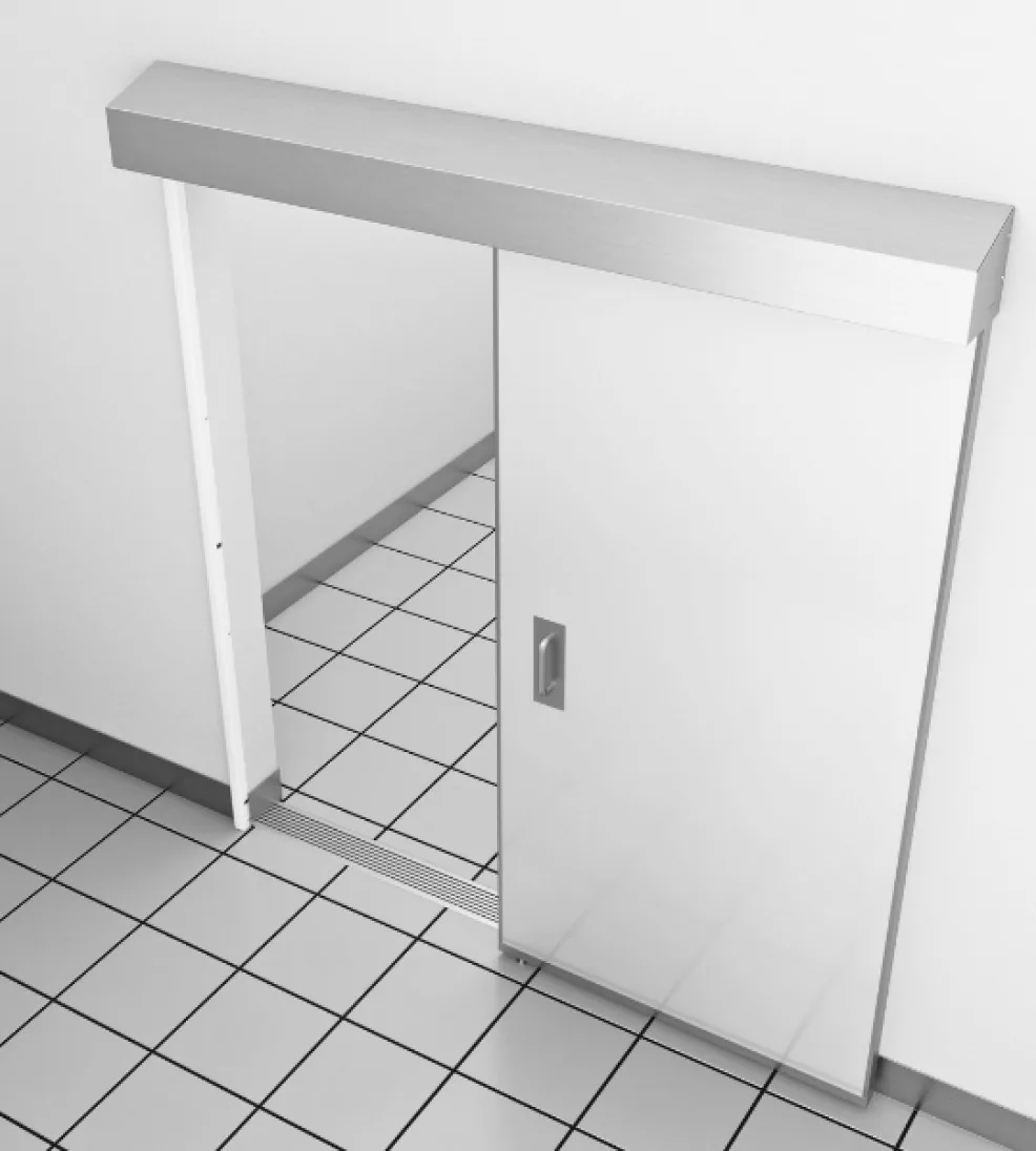 Rendering of a Jamoclean sliding door partly open under its stainless header
