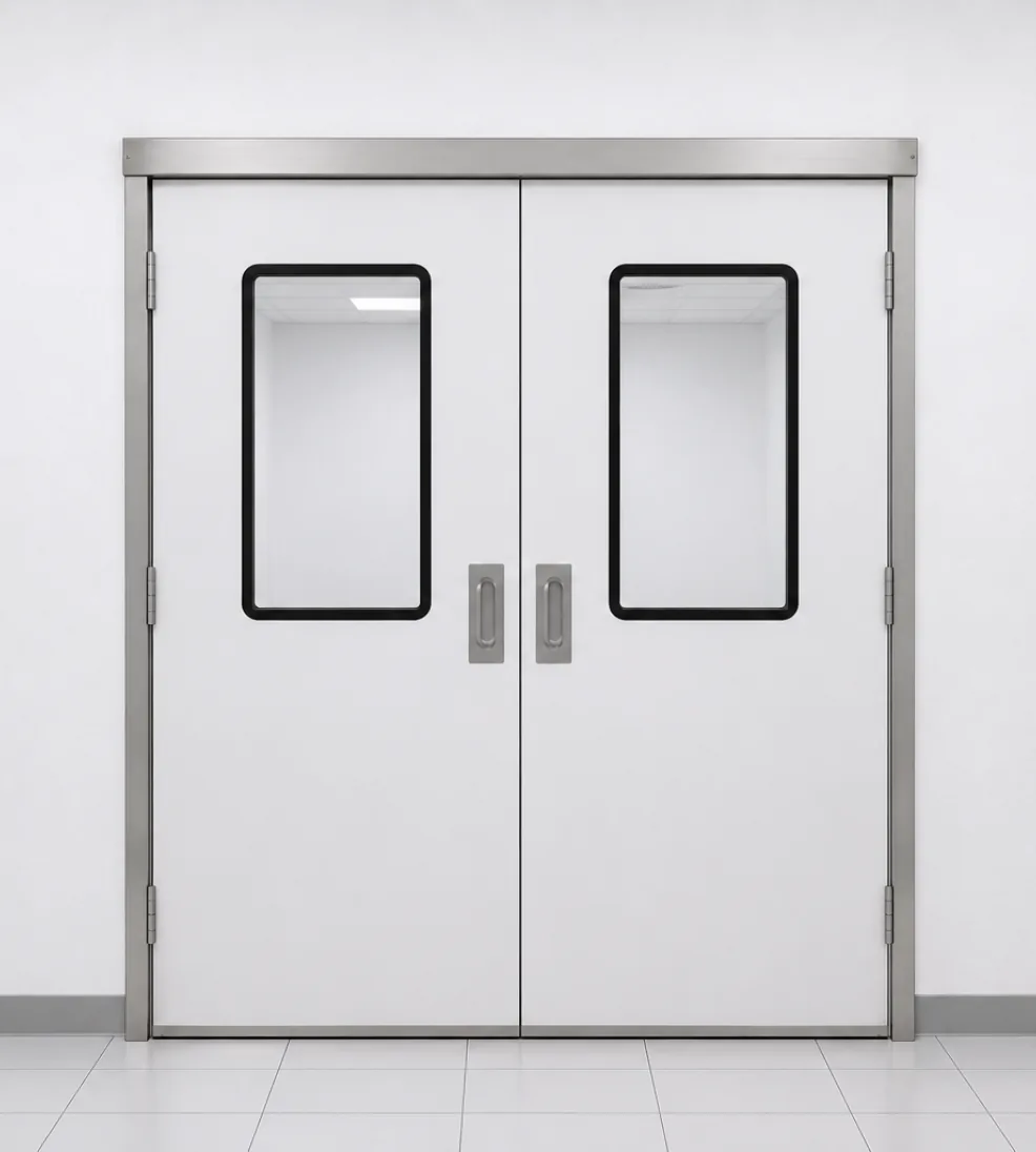 Rendering of white Jamoclean double swing cleanroom doors with flush vision panels