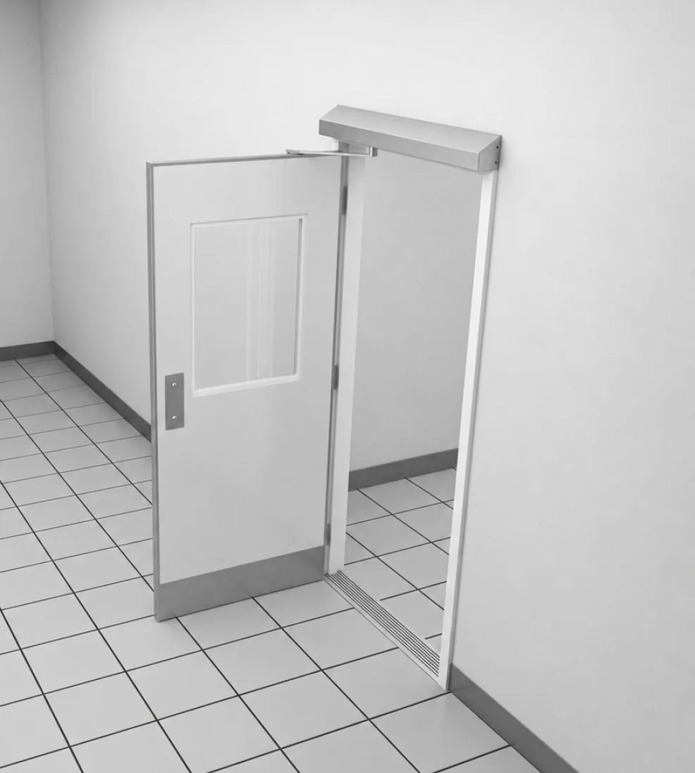 Rendering of a Jamoclean swing door standing open with its operator above