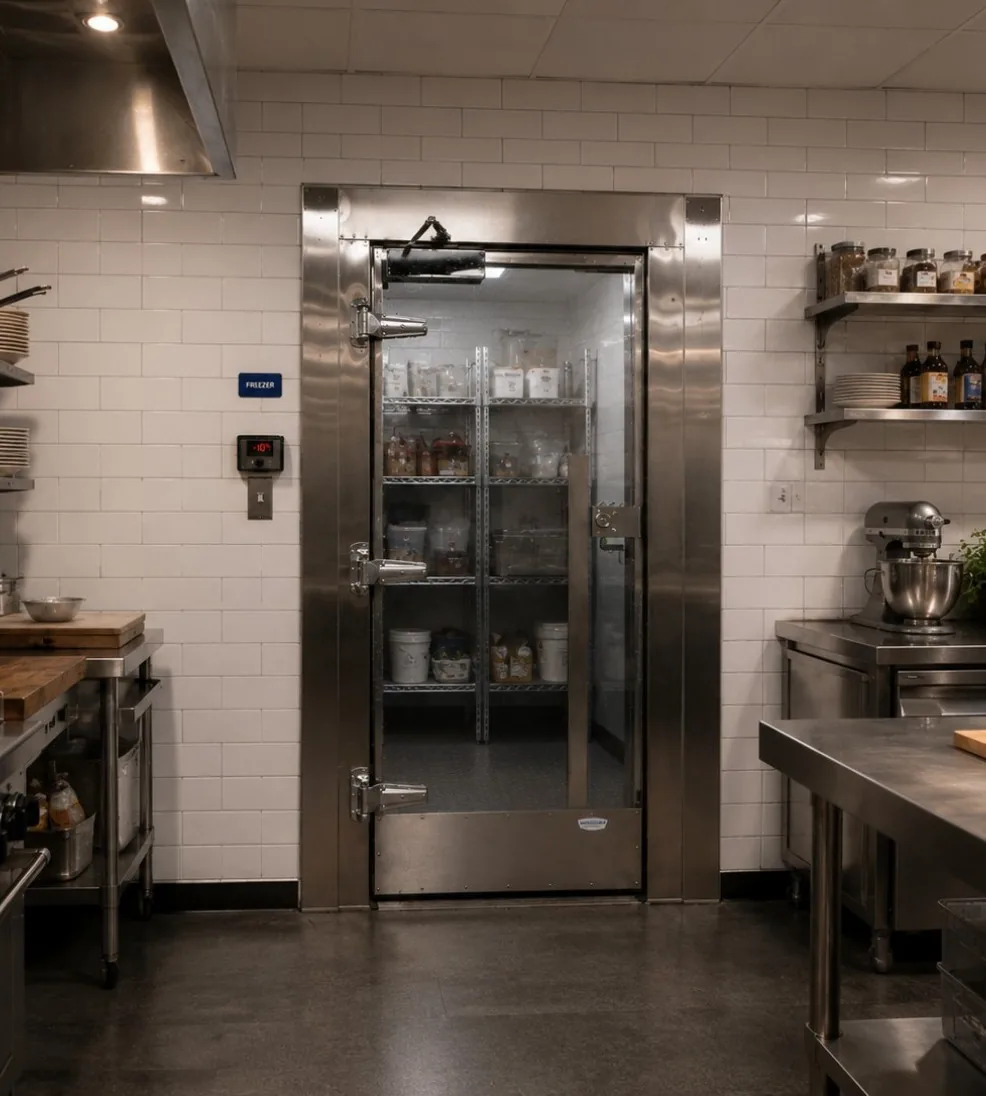 Jamoclear clear acrylic swing door with a stainless steel frame on a walk-in cooler in a commercial kitchen