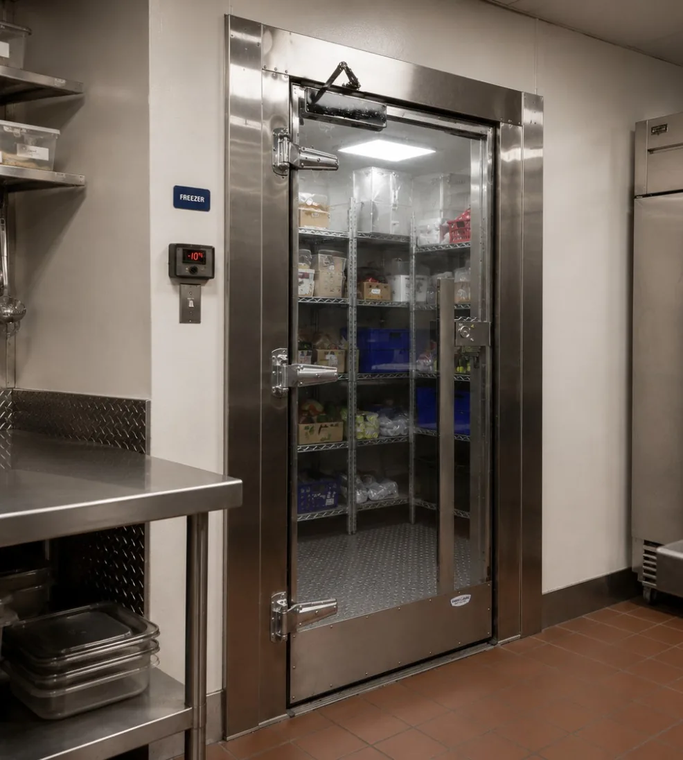 Jamoclear see-through swing cooler door showing stocked shelving behind the clear panel