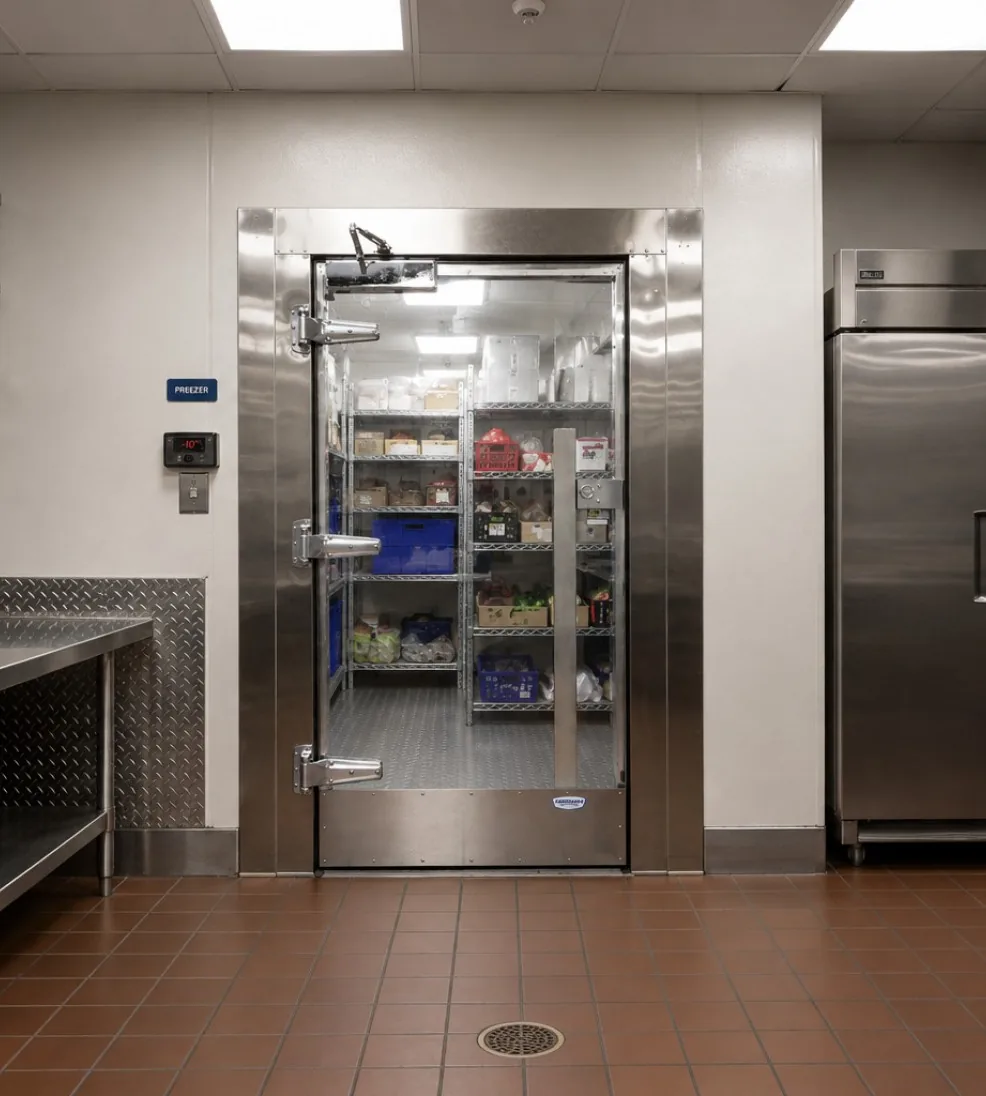 Jamoclear clear-panel cooler door with a stainless frame and push plate on a tiled kitchen floor