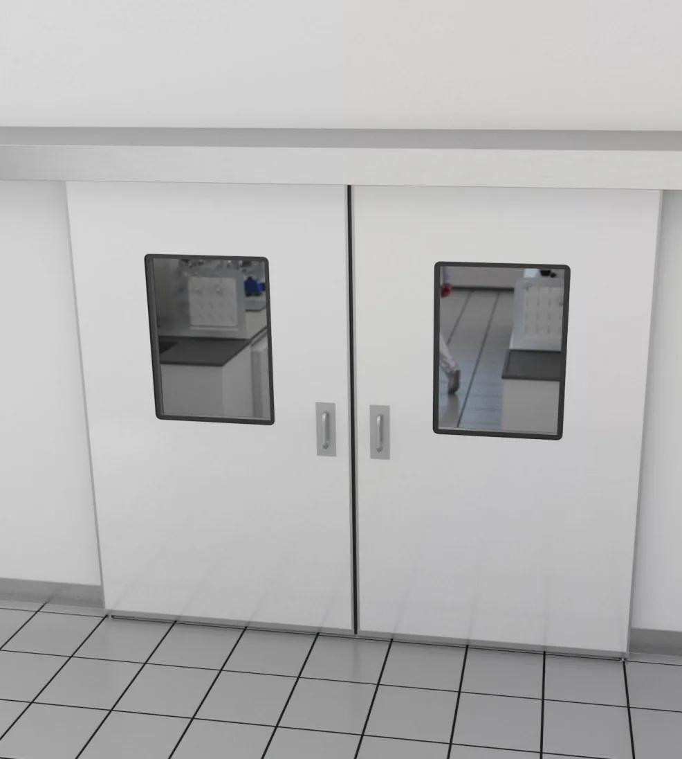 Rendering of white Jamocor bi-parting sliding doors with vision windows