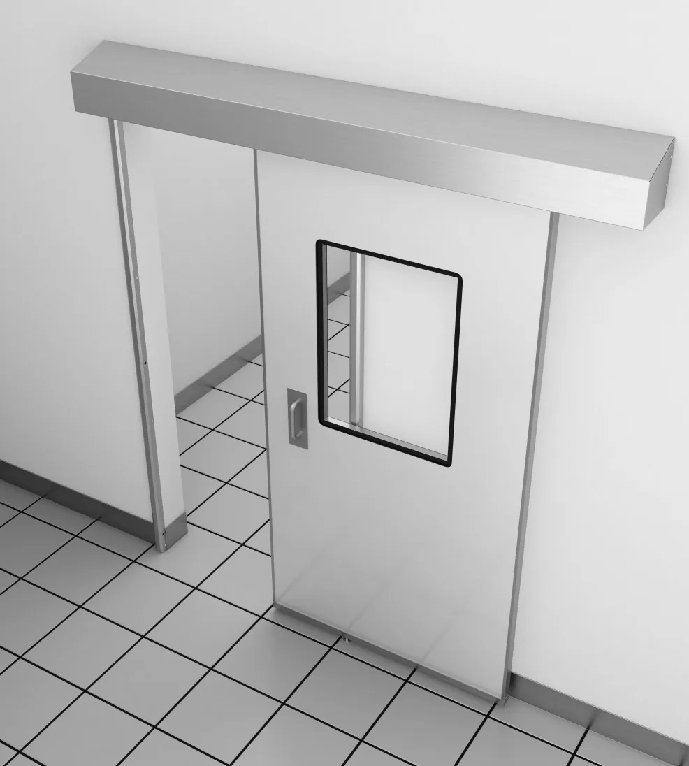 Rendering of a Jamocor sliding door partly open under its header