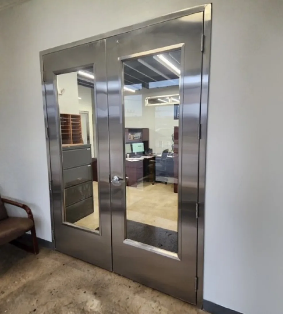 Stainless steel Jamocor double doors with full-height glass lites