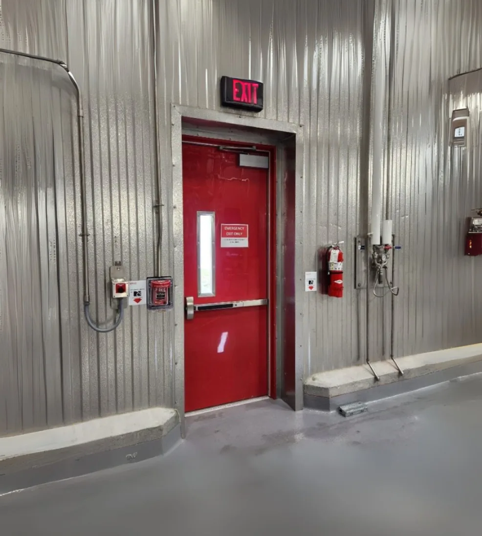 Red Jamocor fiberglass swing door with a narrow vision lite in an insulated metal wall