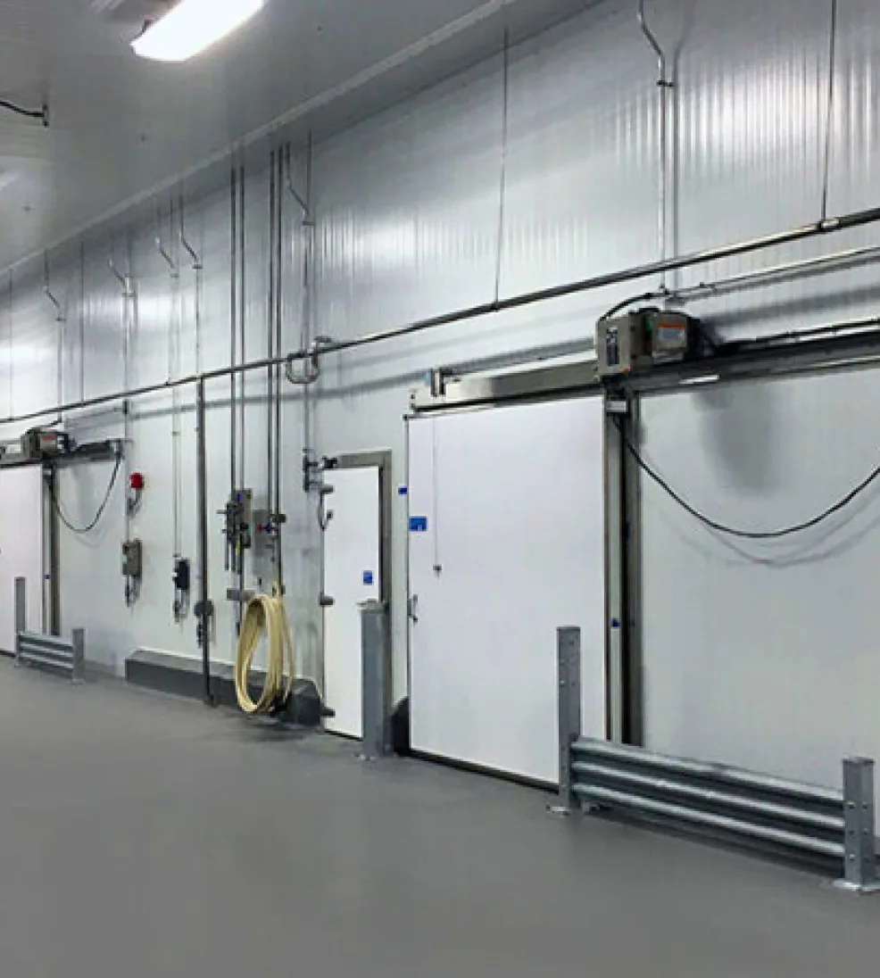 Jamoglide horizontal sliding freezer door with a power operator on a long insulated corridor wall