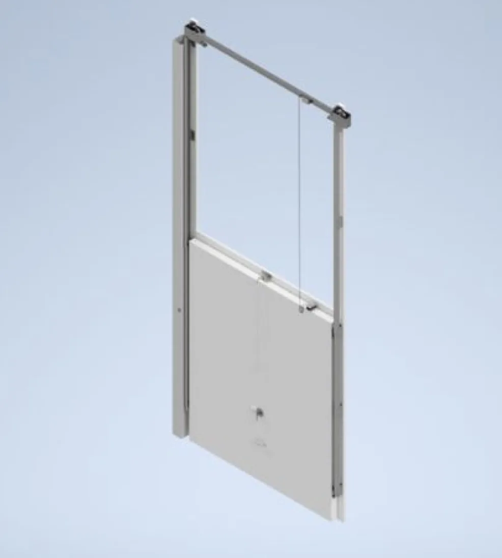 Rendering of a Jamoglide vertical sliding door with its panel partly raised in the lift frame