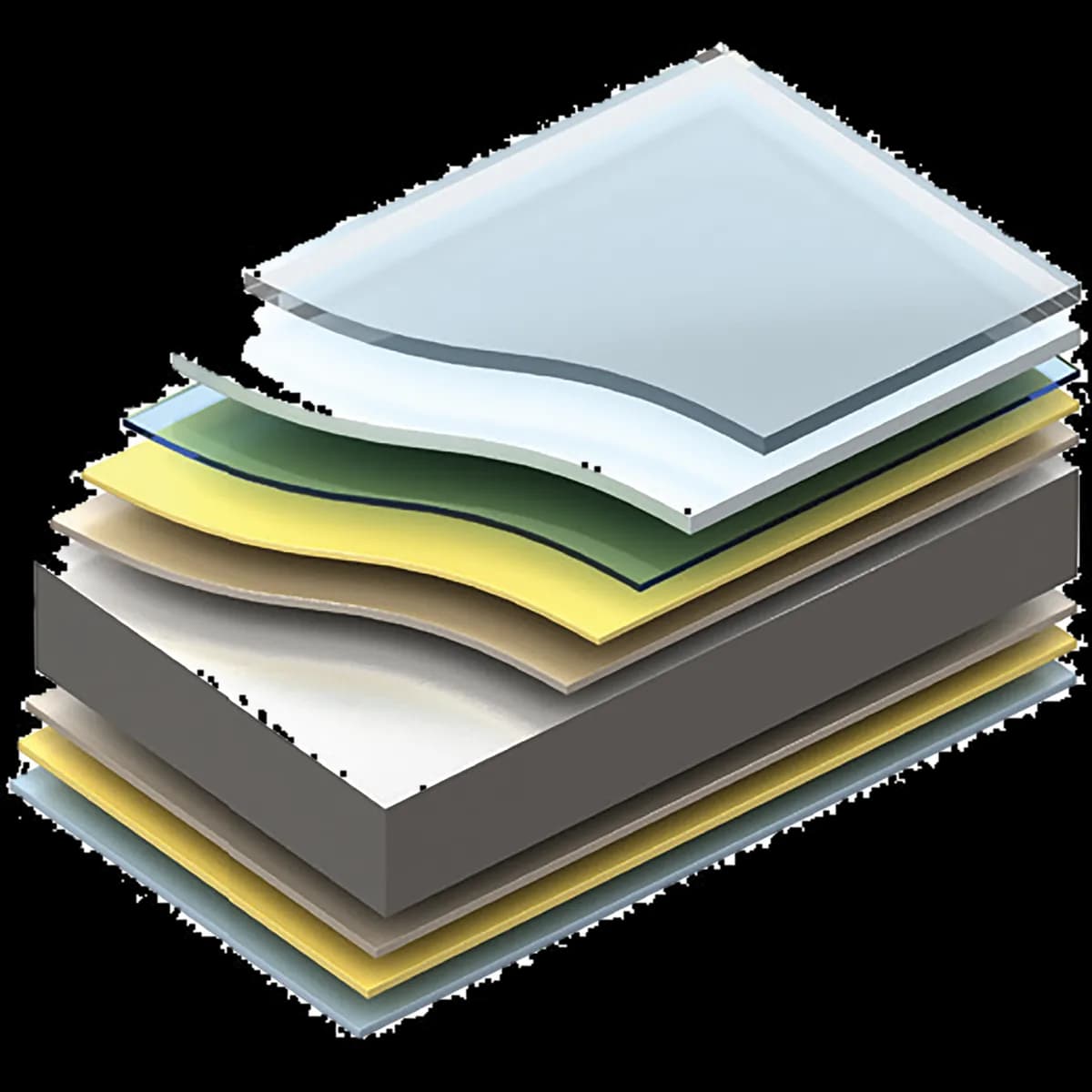 Exploded render of the CLEANsafe 120 coating build-up, showing the film layers over a metal sheet