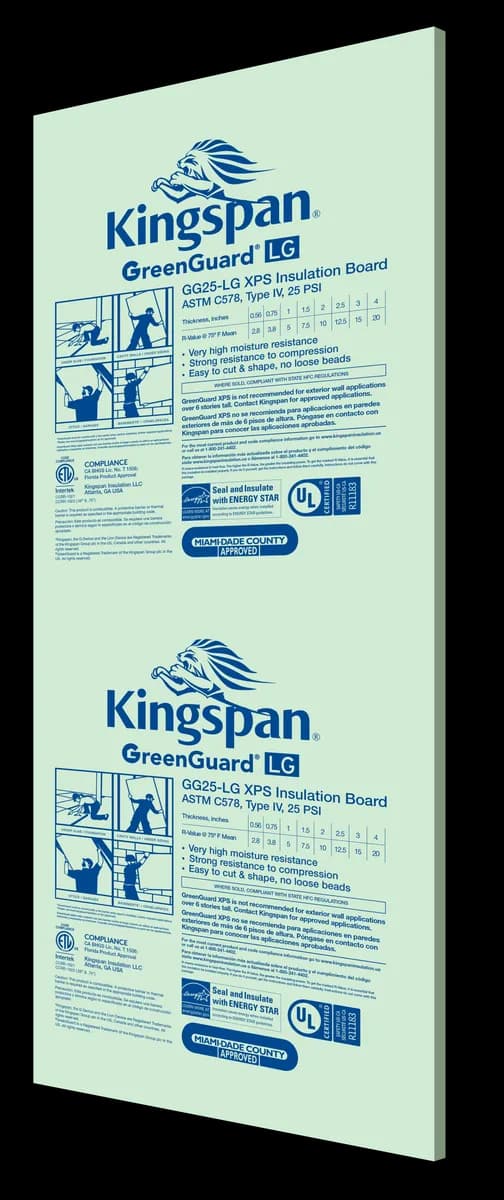 A GreenGuard GG25-LG XPS insulation board standing on end, pale green with Kingspan GreenGuard LG printing