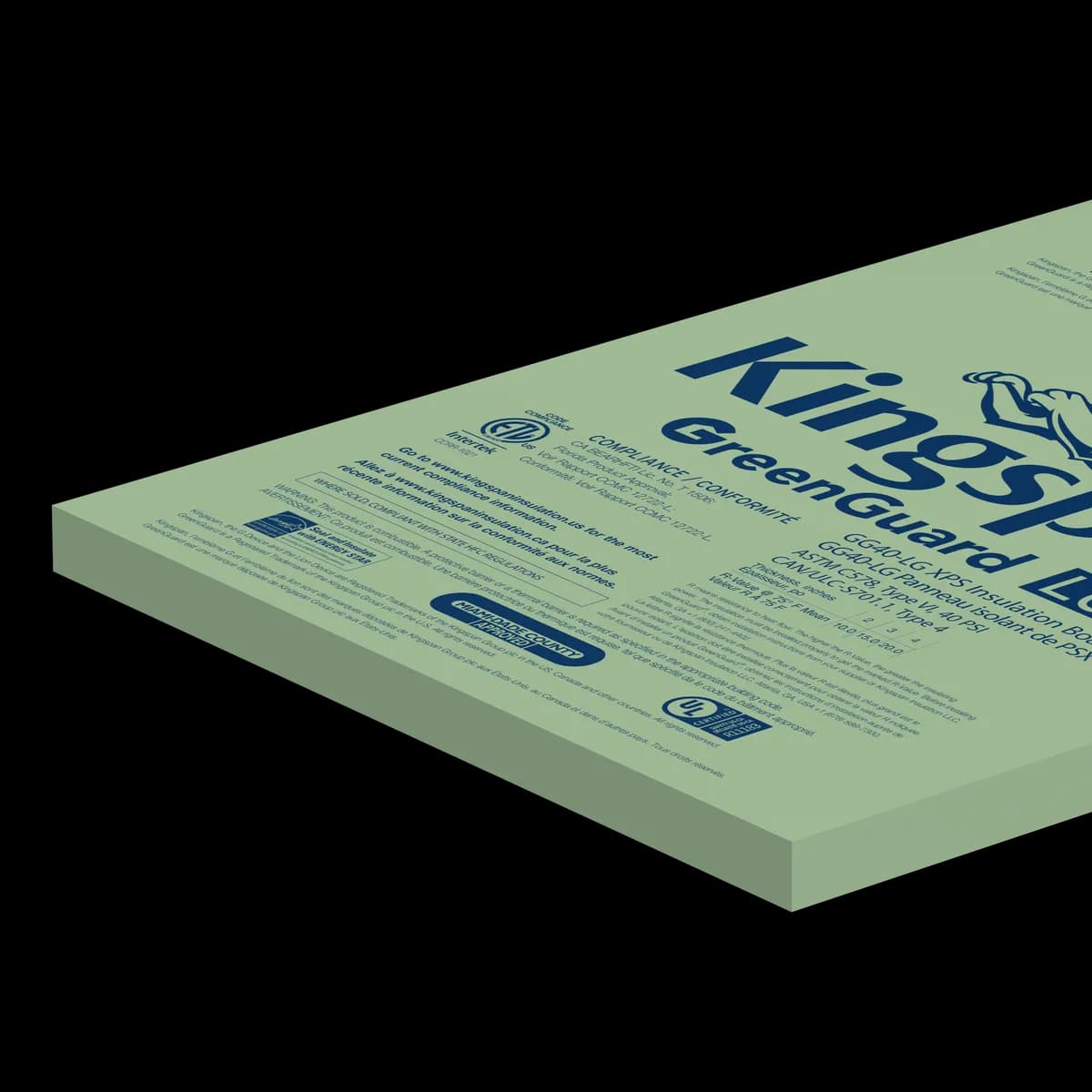 A GreenGuard GG40-LG XPS insulation board lying flat, pale green with Kingspan GreenGuard printing
