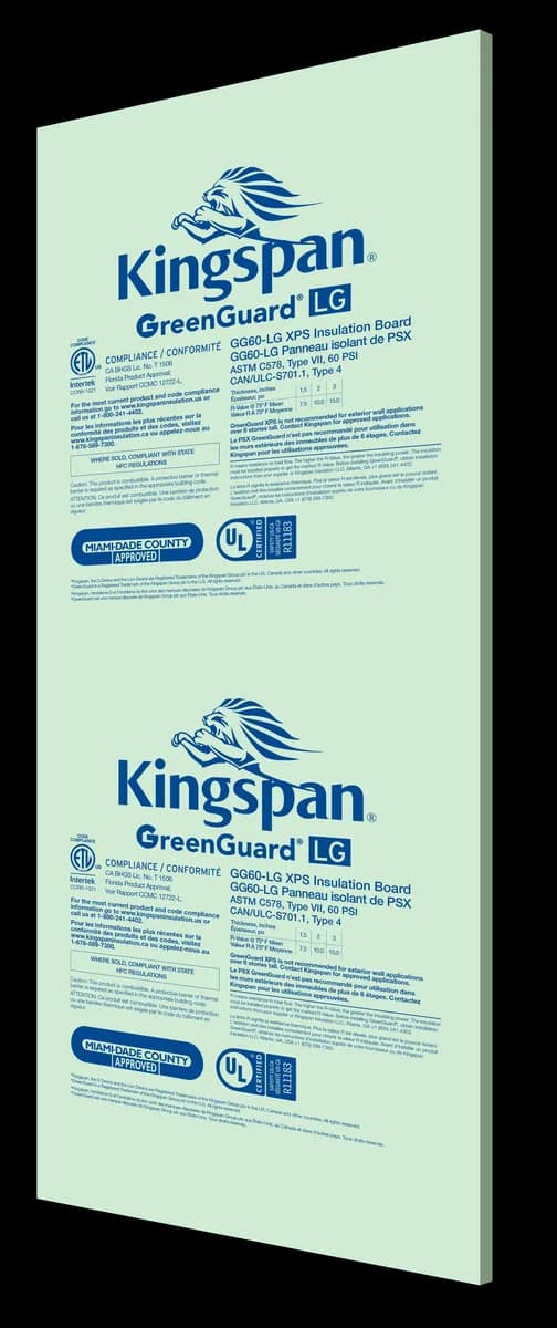 A GreenGuard GG60-LG XPS insulation board standing on end, pale green with Kingspan GreenGuard LG printing