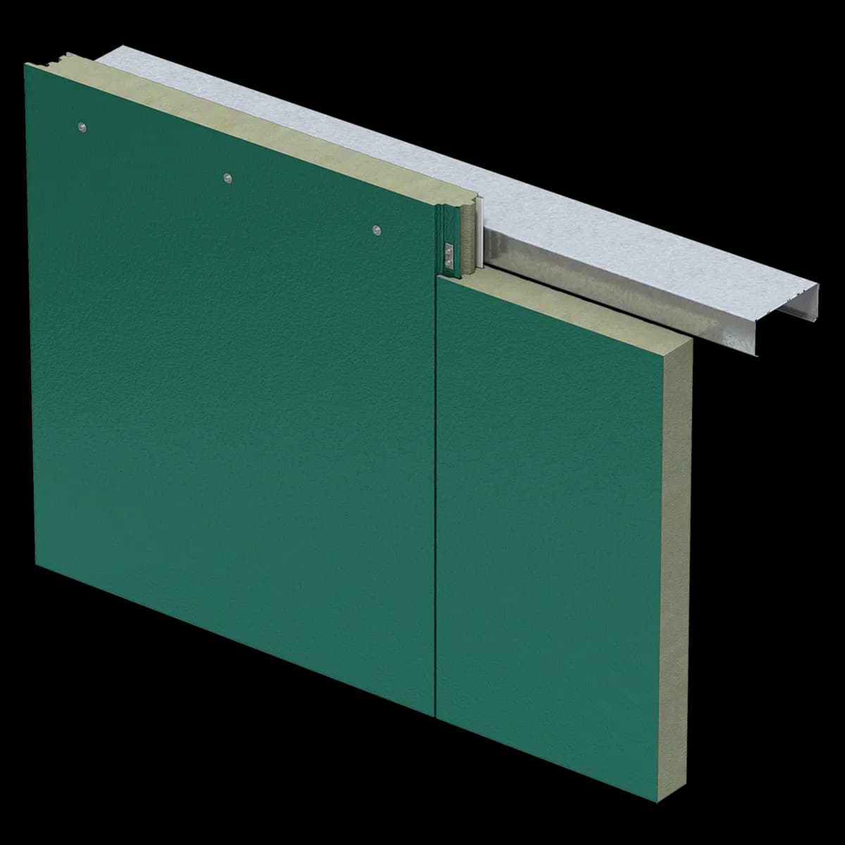 K-Roc HF mineral fiber panel with an embossed teal Azteco face at an intermediate support, the mineral fiber core visible at the edge