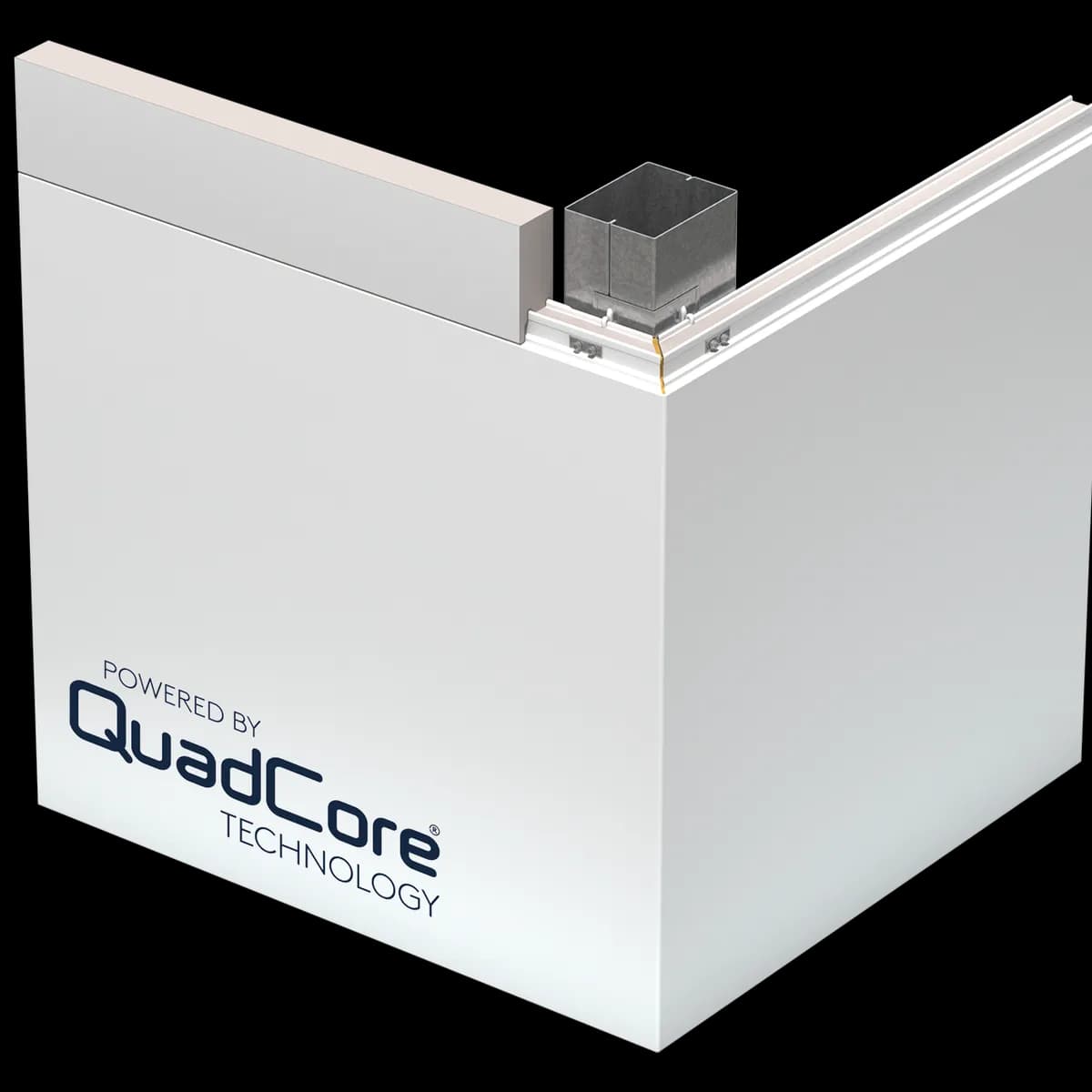 Two QuadCore KS Flat panels meeting at an outside corner over a steel corner post