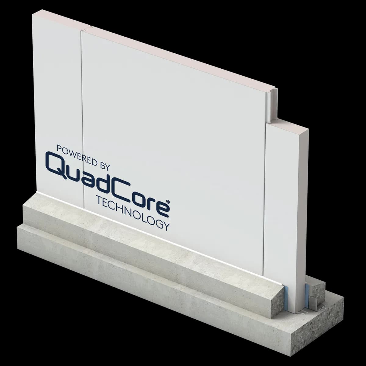 QuadCore KS Flat Interior partition panel set on a concrete curb at the floor