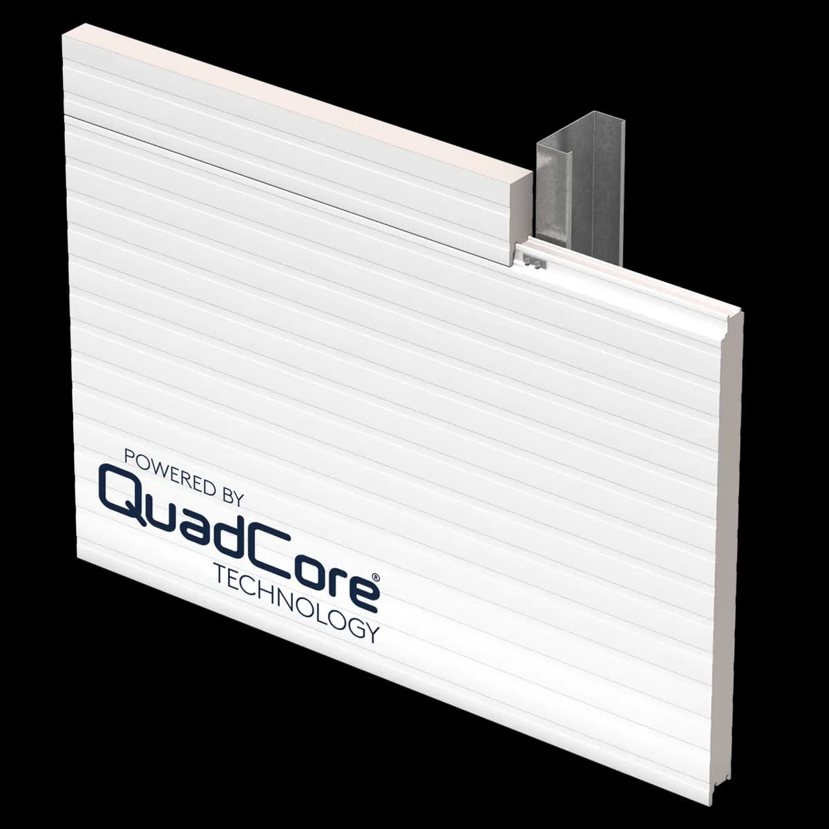 QuadCore KS Shadowline insulated panel with a ribbed white face, fastened to a steel girt at an intermediate support