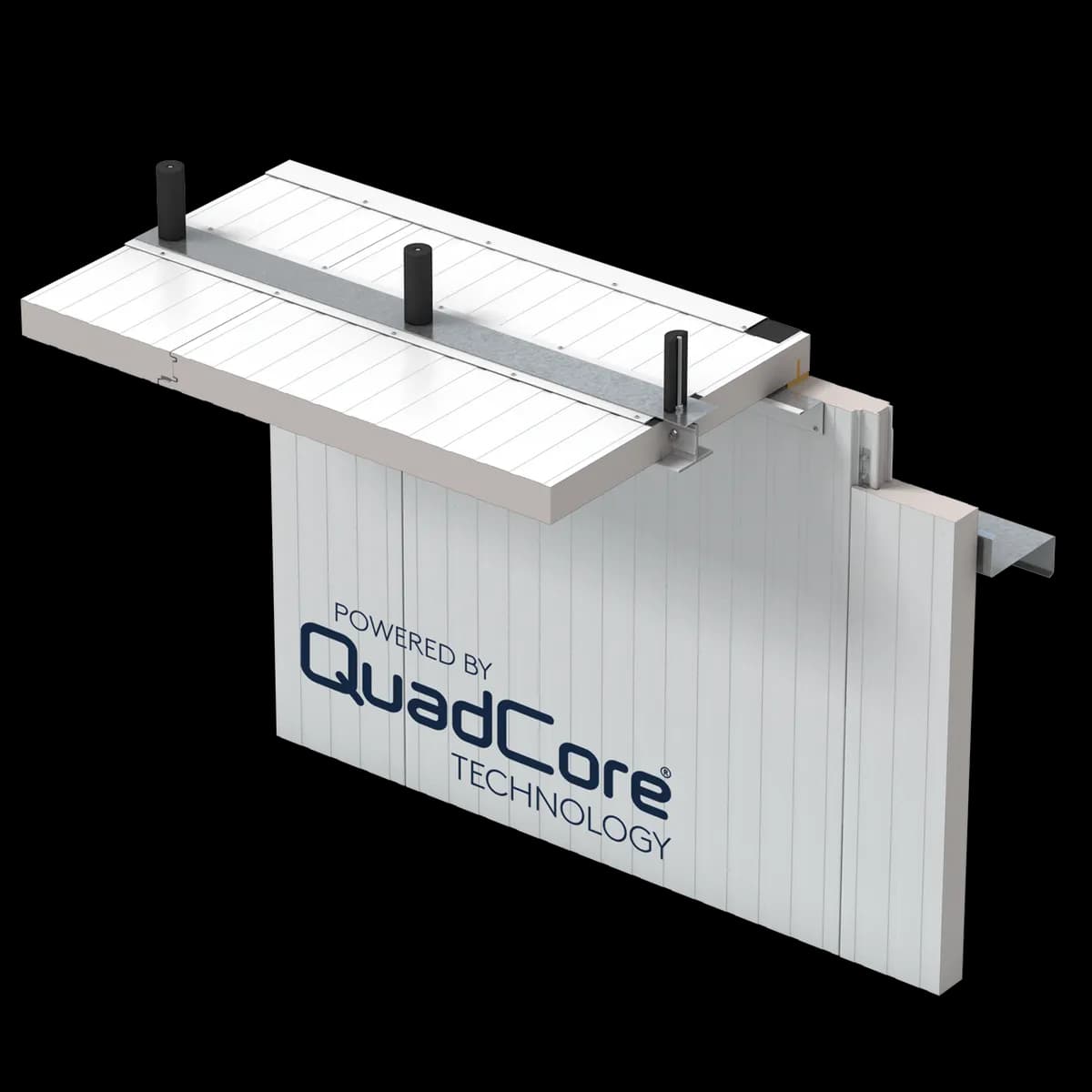 QuadCore KS Shadowline wall panels meeting a ceiling panel hung on threaded rods, interior wall-to-ceiling detail