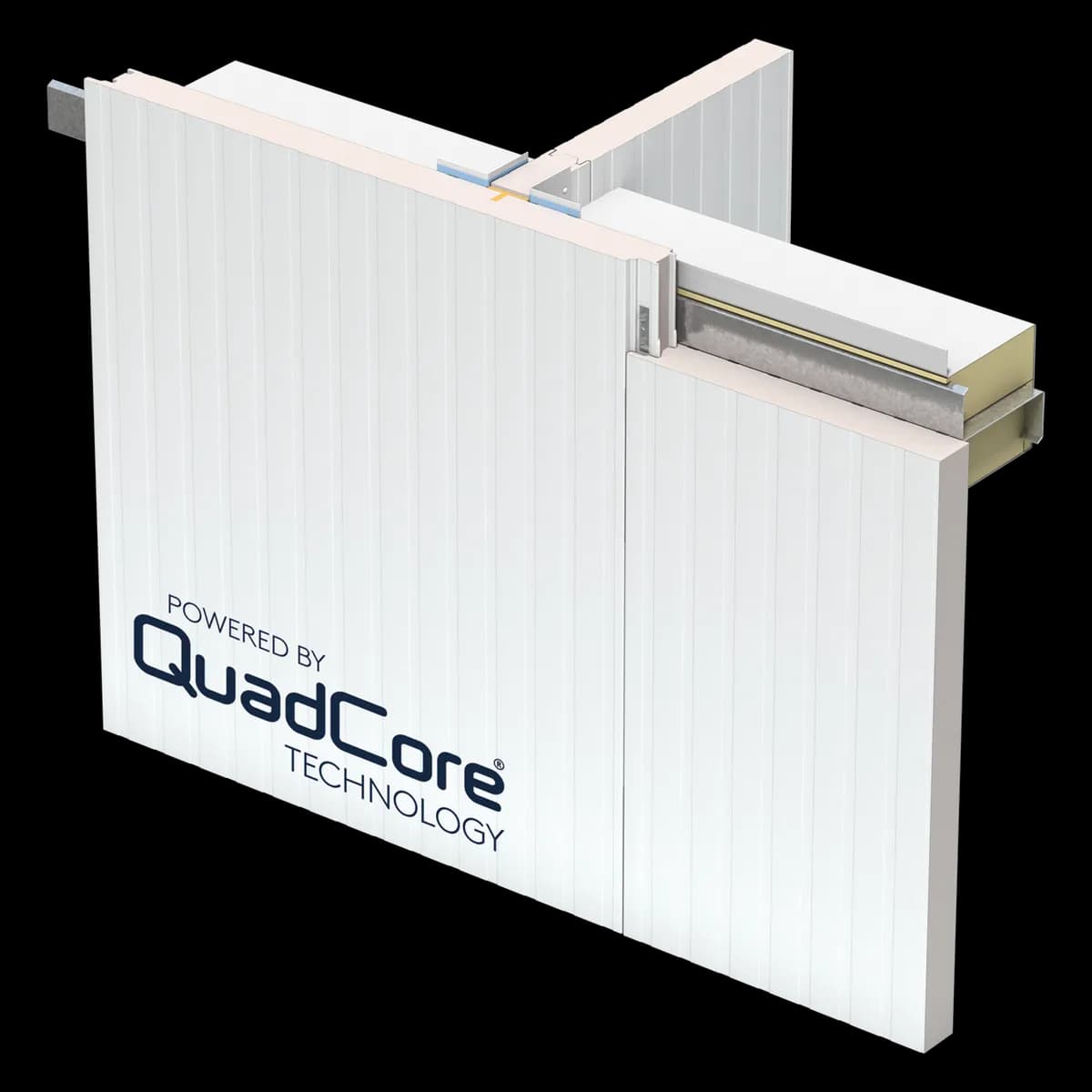 QuadCore KS Shadowline partition panel meeting an exterior panel wall at a T-junction