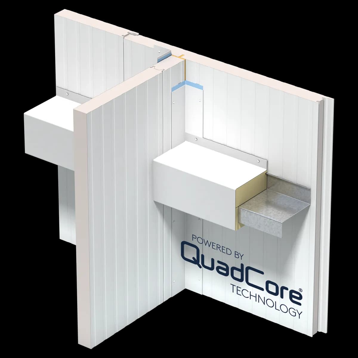 QuadCore KS Shadowline Interior partition panel meeting an exterior wall, with the panel core visible at the junction