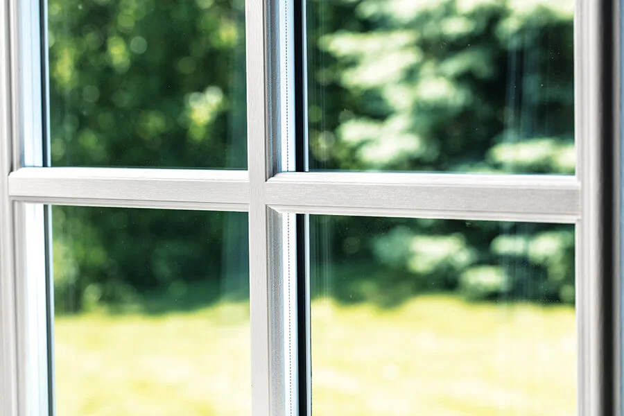 Close view of simulated divided lite bars applied over clear door glass