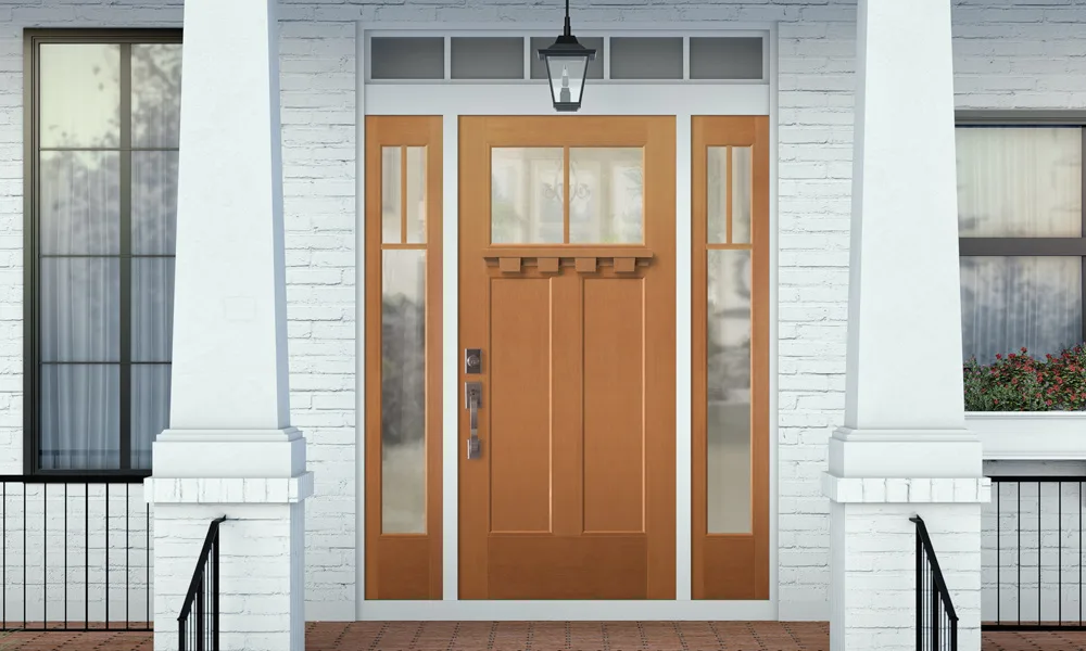 A wood-grain craftsman entry door with a top glass lite, a dentil shelf and two sidelites