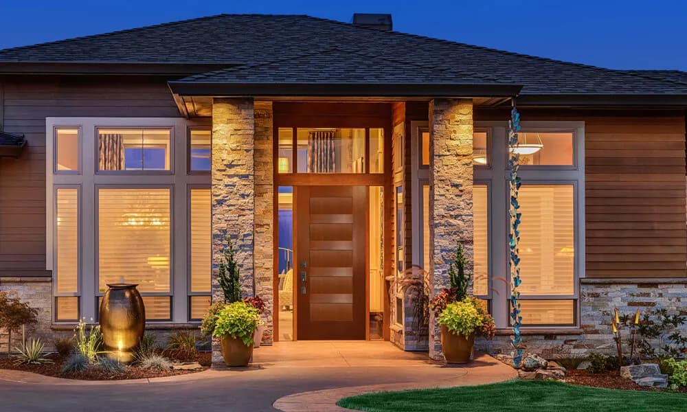 A dark stained fir-grain entry door on a modern stone and wood house at dusk