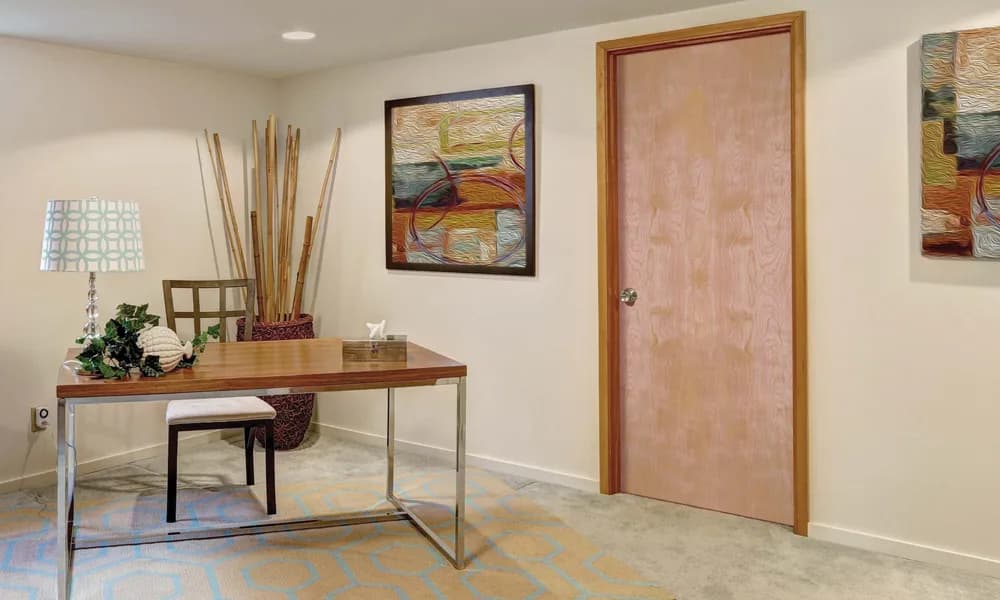A wood-veneer flush interior door in a home office