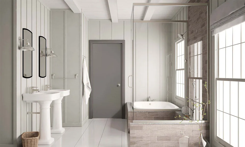 A gray flush door at the end of a white bathroom