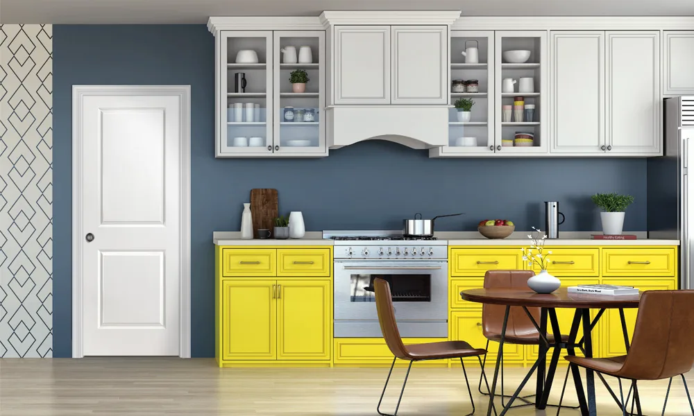 A white square two-panel molded interior door beside a kitchen