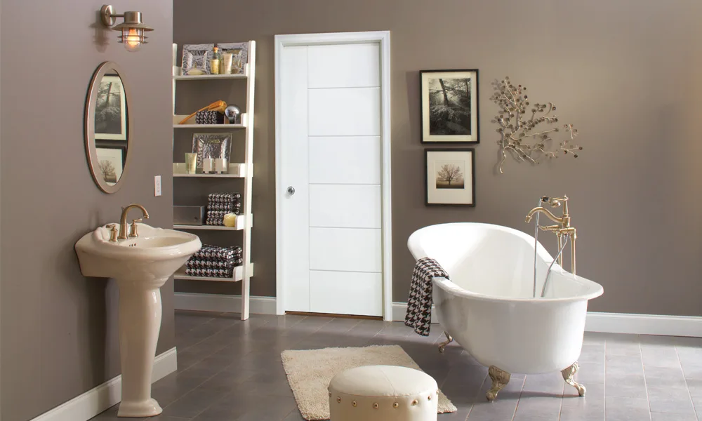 A white molded interior door with stacked horizontal panels