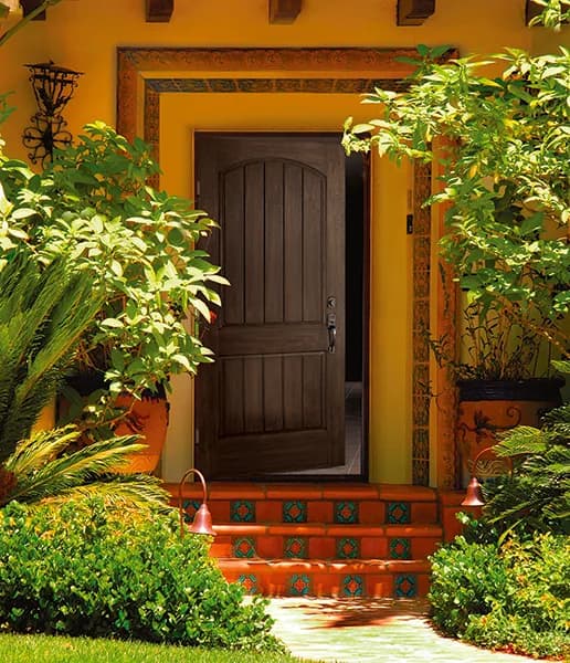 A dark stained arched-top panel entry door above red tile steps