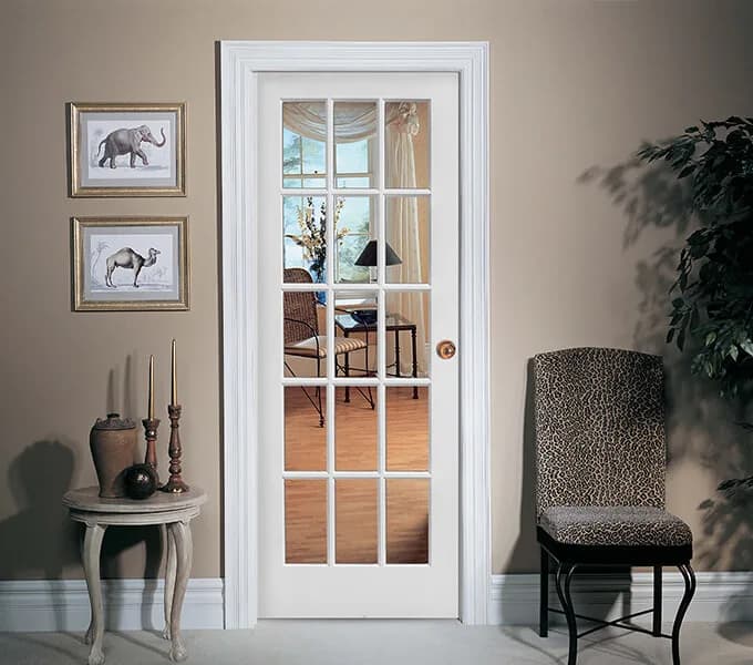 A white stile and rail French door with fifteen glass lites