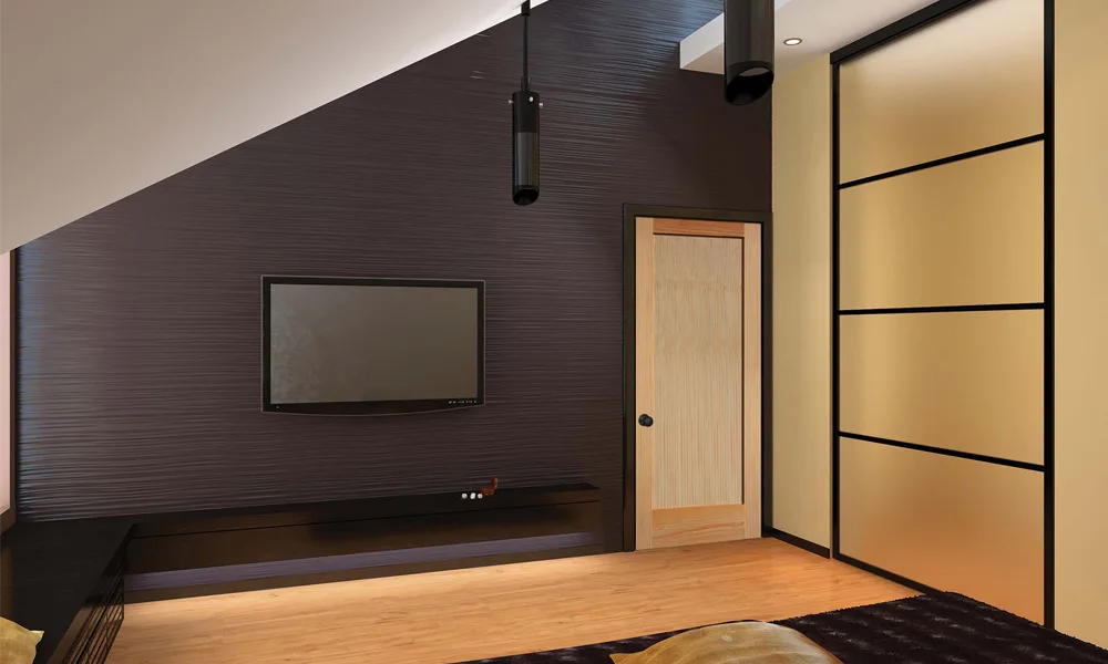 A light wood stile and rail interior door in a modern room